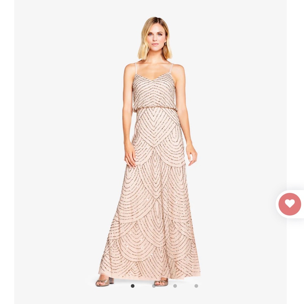 Adrianna Papell - ART DECO BEADED BLOUSON GOWN IN TAUPE PINK - Size 8.